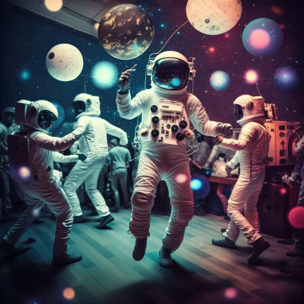Generative AI image group of full body astronauts in white uniform dancing during party on wooden floor under planets and stars
